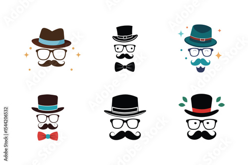 Set of Father's Day Faces with Hats, Glasses, Mustaches, and Bowties Vector art