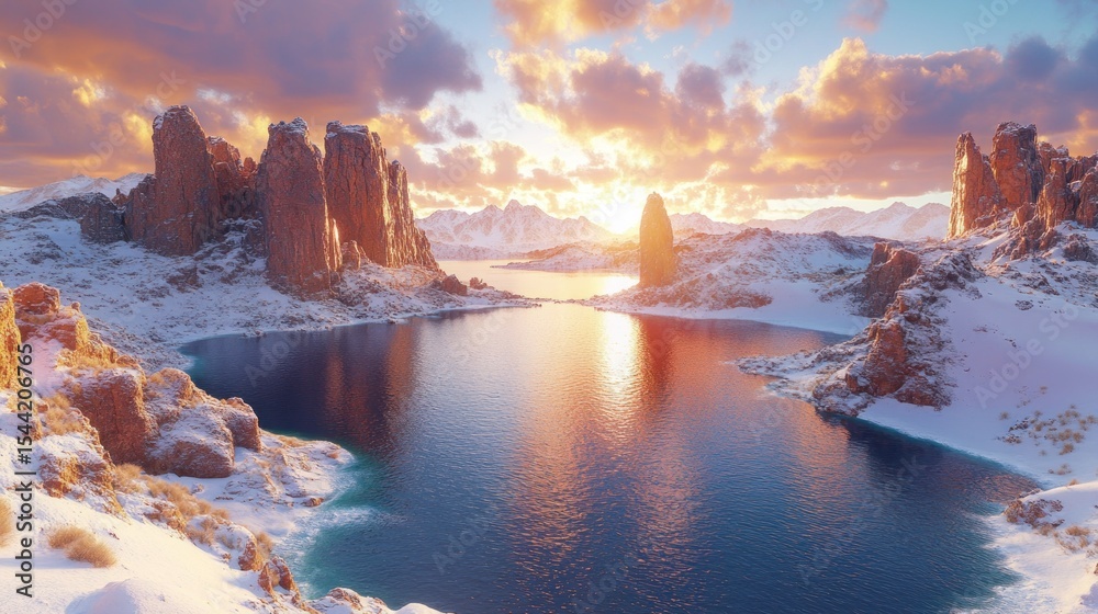 Fototapeta premium Snowy, desert lake at sunset