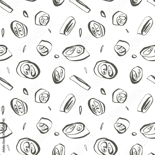Seamless jalapeno pepper slice pattern in warm khaki green tones on white background for surface design