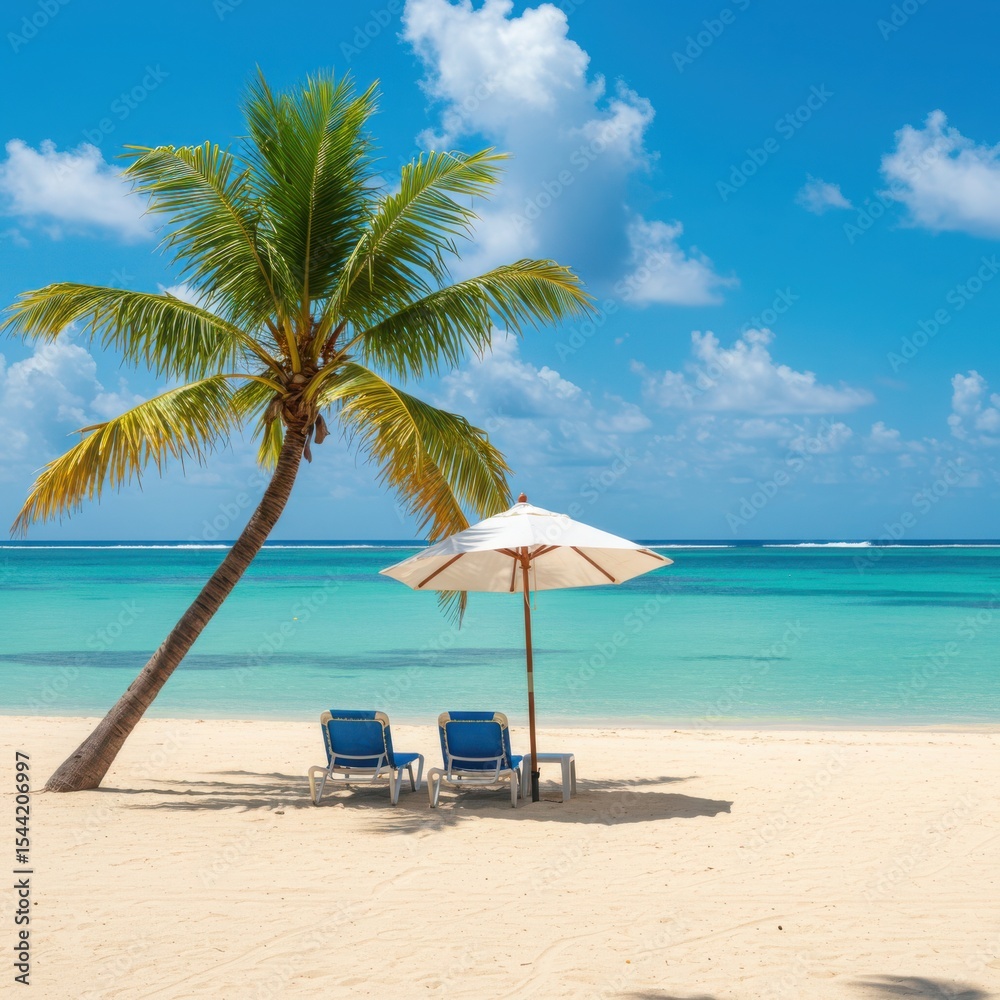 Tropical beach scene with palm tree, umbrella, and beach chairs Tropical beach scene with palm tree, umbrella, and beach chairs