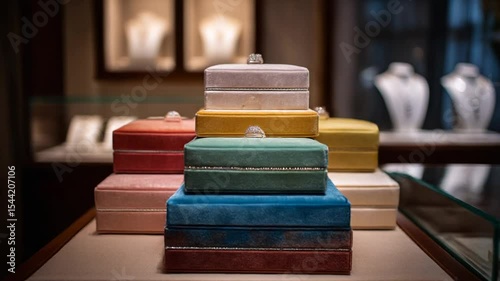 Colorful velvet jewelry boxes displayed in a shop