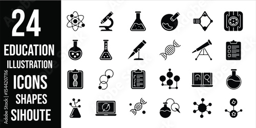 A collection of black and white education and science icons displayed in a structured grid layout