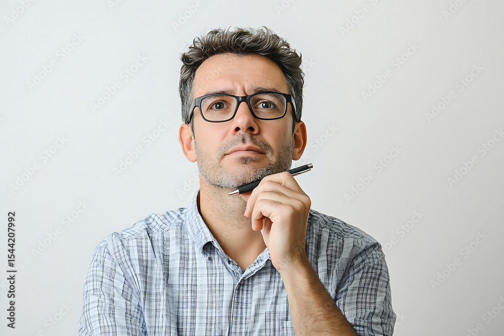 Man Holding Pen Near Chin in Thinking Pose on Plain Background Man Holding Pen Near Chin in Thinking Pose on Plain Background