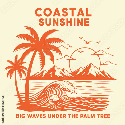 Costal sunshine slogan graphics print design. summer t-shirt graphics for art. big waves in beach with maountain side. colothing for fashion design. vintage