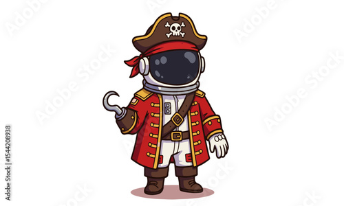 Pirate Astronaut Cartoon  an astronaut dressed as a pirate, complete with a tricorn hat featuring a skull and crossbones, a red coat, a brown eye patch, and a hook for a hand.