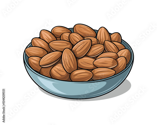 A digital illustration of a light blue ceramic bowl filled with whole raw almonds