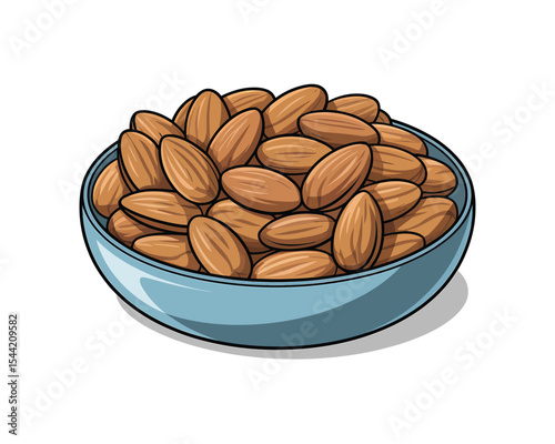 A digital illustration of a light blue ceramic bowl filled with whole raw almonds