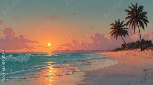 Tropical beach sunset Palm trees with ocean waves, and golden light Dream escape.