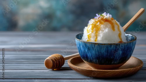 Shaved ice dessert with syrup in blue ceramic bowl on wooden plate with honey dipper on rustic table, refreshing treat