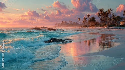 Fototapeta Naklejka Na Ścianę i Meble -  Tropical Paradise Sunrise on Caribbean Beach with Palm Trees.