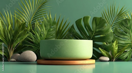Tropical product display green stage amidst lush palm  monstera leaves.