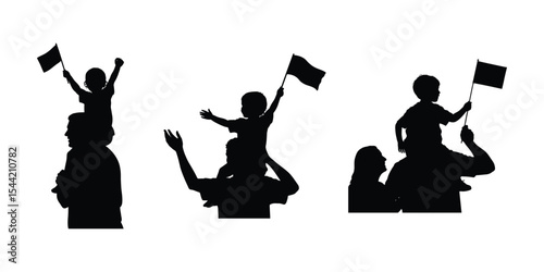 child sitting on parent's shoulders holding a flag silhouette vector, patriotic family moment illustration