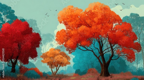 Vivid Autumn Trees Colorful Forest with Sky, Nature Landscape, and Seasonal.