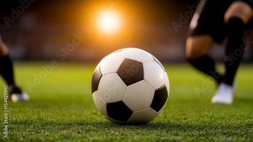 Soccer ball grass sunset player action dynamic outdoor competition