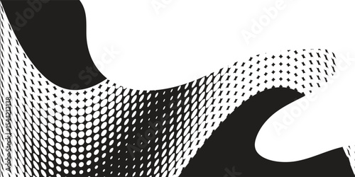 Flowing dots particles halftone gradient wave pattern curve shape isolated on white and black background.