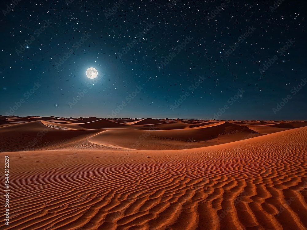 Naklejka premium Moonlit Red Dunes beneath Star-Filled Sky in Quiet Desert Night