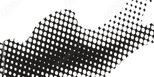 Flowing dots particles halftone gradient wave pattern curve shape isolated on white and black background.
