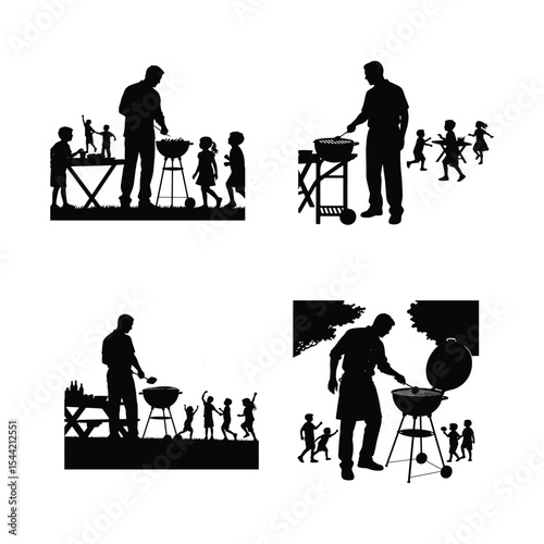 man grilling in backyard silhouette vector, traditional summer barbecue scene with children and family