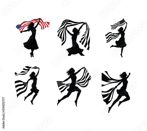 woman dancing with flag scarf silhouette vector, independence day movement expression, american patriotic joy