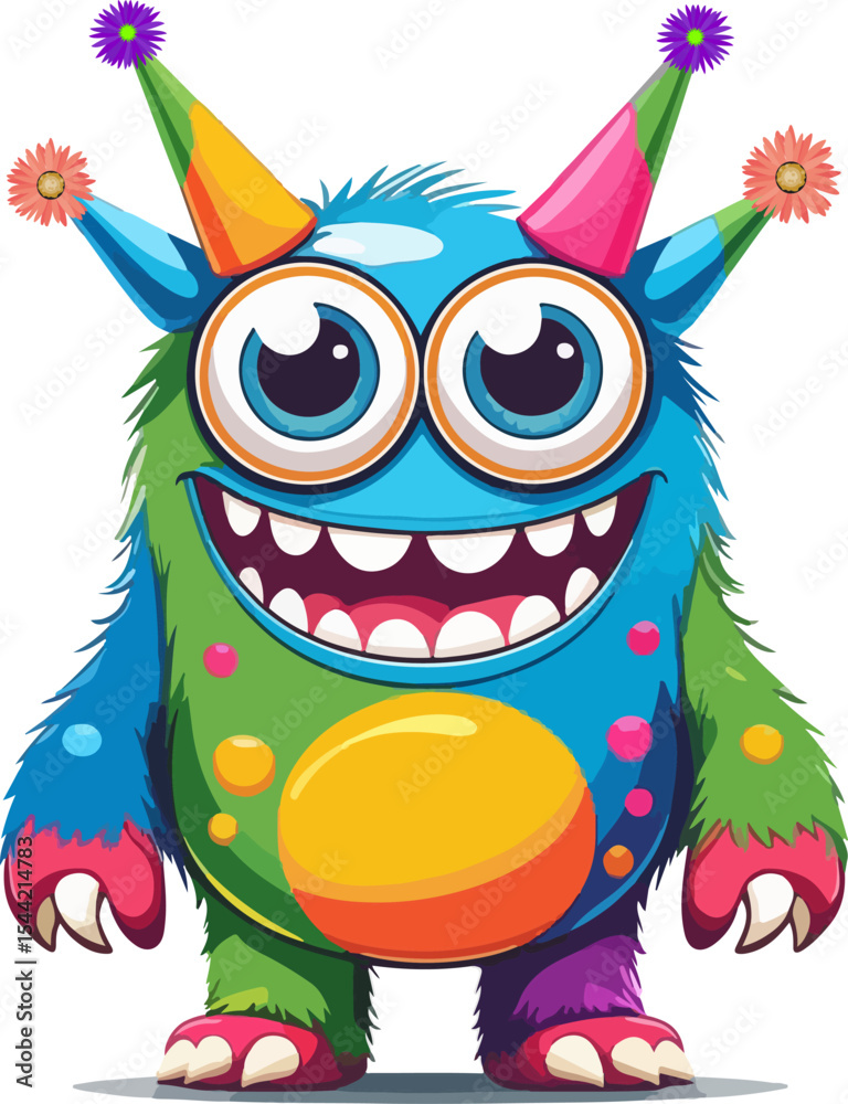 Fototapeta premium Funny green cartoon monster character with big teeth and a happy face