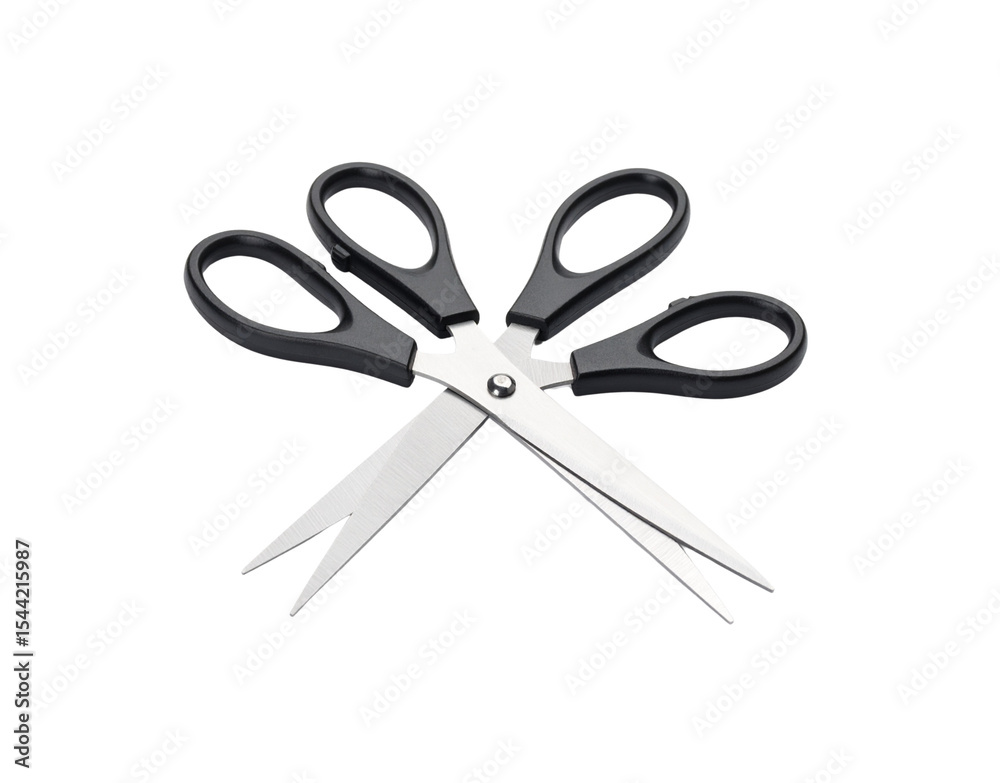 Sharp Stainless Steel Scissors with Black Plastic Handles Crossed in an XShape.