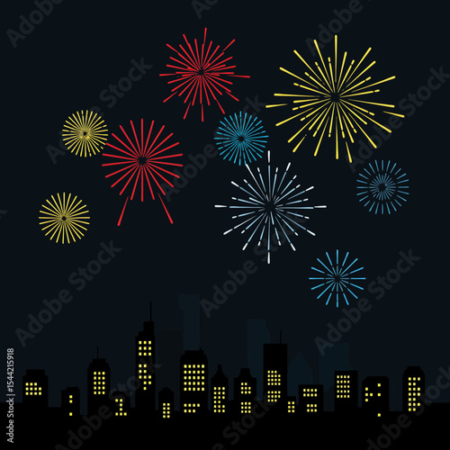 City Skyline Fireworks Display - Vector Illustration