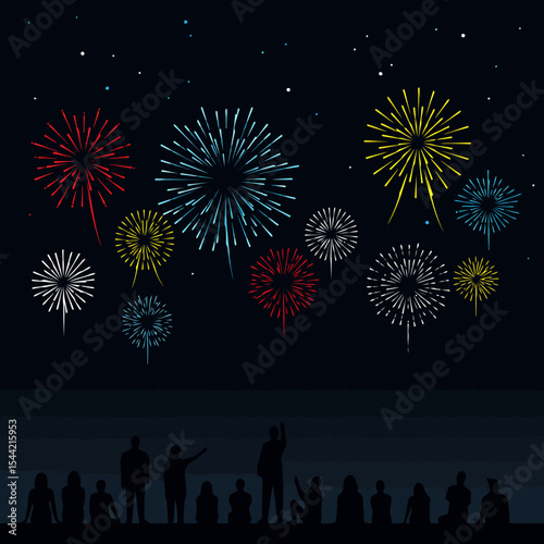Fireworks Celebration: Crowd Silhouettes Under Starry Sky