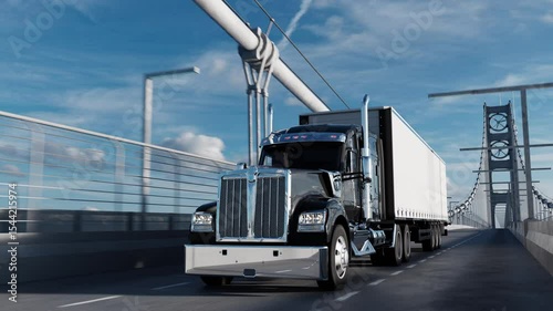 American style truck on freeway pulling load. Transportation theme. 4k 3D illustration