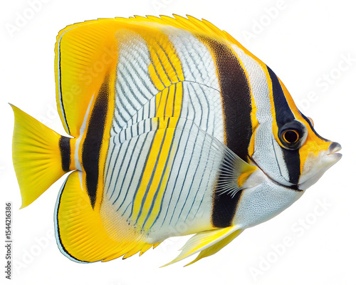 Striped butterflyfish profile view on white background