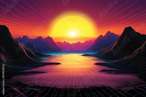 Retro Synthwave Landscape with Sunset and Mountains Grid, Futuristic Design and Vaporwave Style