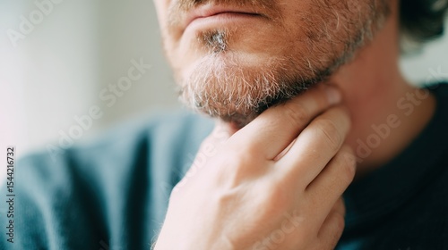 Worried young man gently touching her neck with subtle concern, expressing anxiety or health issues, medical checkup and nervousness concept.
