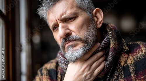 Worried young man gently touching her neck with subtle concern, expressing anxiety or health issues, medical checkup and nervousness concept.
