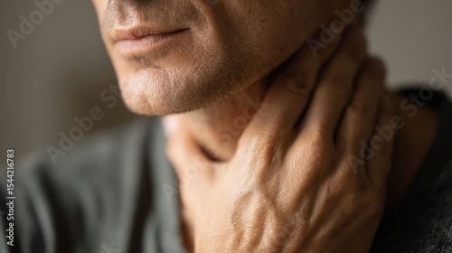 Worried young man gently touching her neck with subtle concern, expressing anxiety or health issues, medical checkup and nervousness concept.
