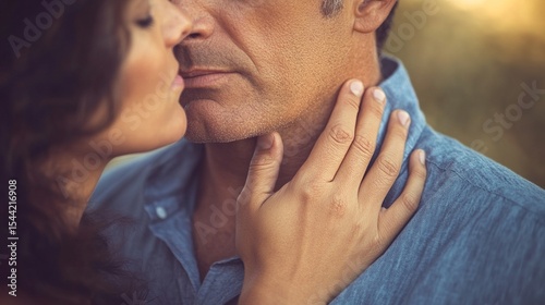 Worried young man gently touching her neck with subtle concern, expressing anxiety or health issues, medical checkup and nervousness concept.
