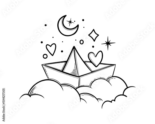 Creative paper boat sailing through clouds under a starry night sky featuring hearts, stars, and a crescent moon