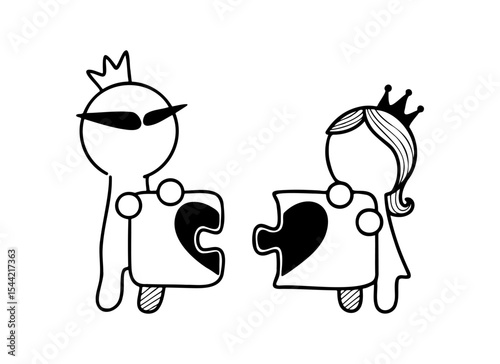 Two cartoon characters holding puzzle pieces while showcasing teamwork and creativity in a playful setting