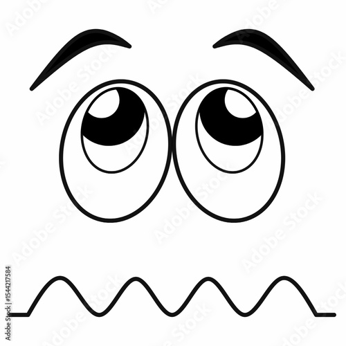 Vector icon cartoon face miserable with big rounded eyes, arched eyebrows, and wavy mouth expressing nervous or worried emotion. Black and white emoji icon for mood, chat, or sticker use.