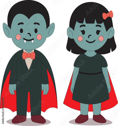 Cute Vampire Boy and Girl Halloween Costume Illustration. Flat Style Kids Dressed as Vampires for Halloween. Cartoon Vampire Siblings Halloween Vector Art.