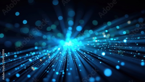 Abstract fiber optic communication technology background with glowing blue light rays and bokeh effects, digital data transmission concept in 3D rendering illustration style