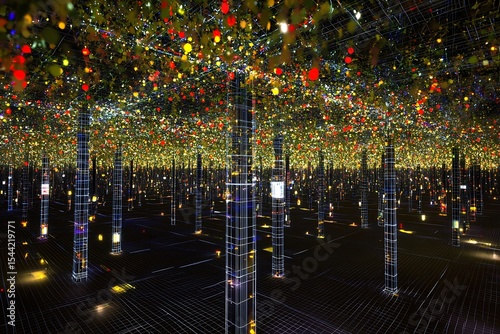 Infinity Mirrored Room art installation with colorful lights and geometric patterns display