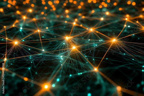 Data network connection with glowing nodes and lines for futuristic technology concepts