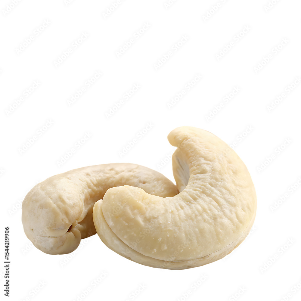 Fototapeta premium Two Creamy Off White Cashew Nuts Closeup Studio Shot Isolated Against Black Background isolated on a transparent background