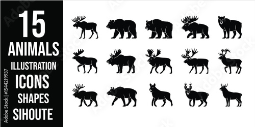 Fifteen animal silhouettes including bears moose and deer in a vector icon illustration set
