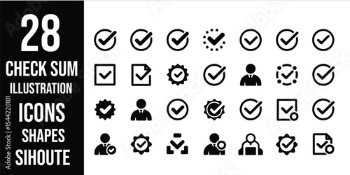 Illustration of twenty eight check mark icons shapes and silhouette in black and white color scheme