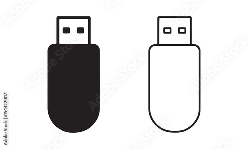 USB flash drive silhouette and line art vector icon.