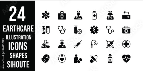 Collection of twenty four black and white medical icons displayed on a white background surface