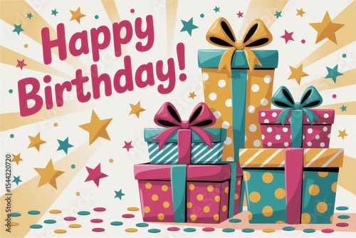 A cheerful birthday greeting card featuring a whimsical stack of colorful presents with a bright starburst background, with Happy Birthday in a playful, rounded font across the top