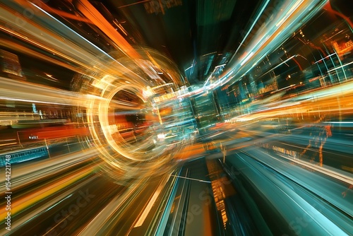 Abstract light trails creating a futuristic portal effect, dynamic and vibrant background