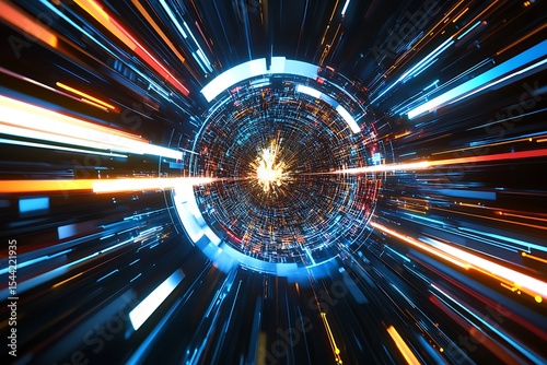 Abstract Technology Tunnel with Glowing Light Streaks, Data Transmission and Futuristic Design