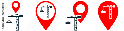 Construction location icon vector, pinpointing a building site or development area. Great for maps, project tracking, real estate, and urban planning visuals.